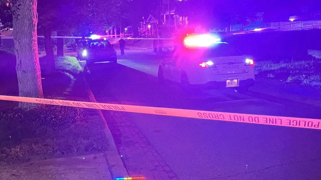 Police cars with flashing lights at night behind yellow "POLICE LINE DO NOT CROSS" tape.