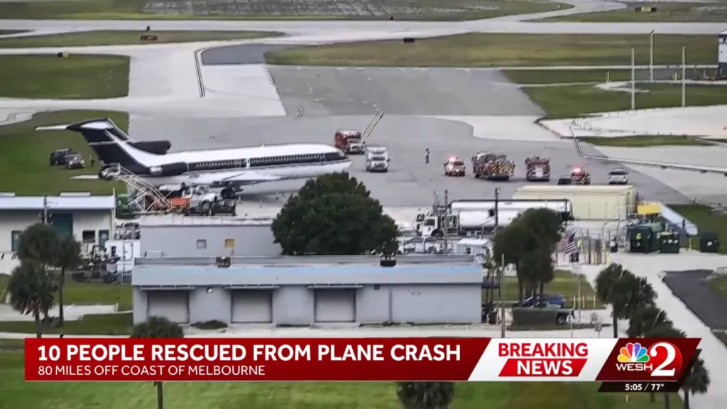 An airplane on the tarmac with emergency vehicles nearby, accompanied by a news banner reading "10 PEOPLE RESCUED FROM PLANE CRASH 80 MILES OFF COAST OF MELBOURNE".