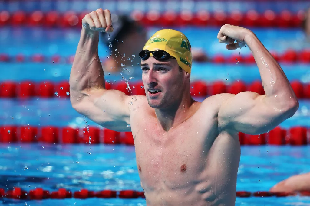 Swimmer James Magnussen celebrates winning the 100m Freestyle Final at the FINA World Championships.