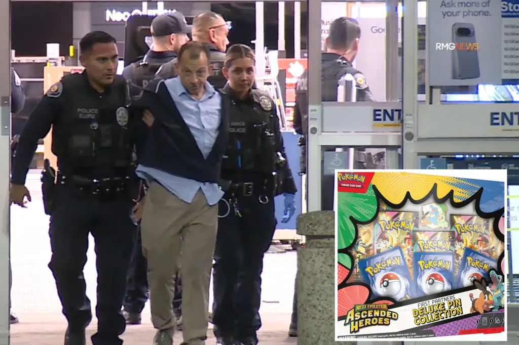 Collage of three police officers leading a man in a light blue shirt and tan pants, and a box of Pokémon cards.