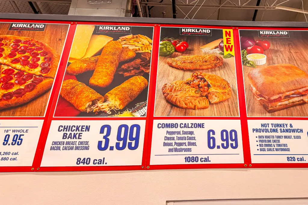 Costco food court menu with pictures of pizza, chicken bake, combo calzone, and a hot turkey & provolone sandwich with prices and calorie counts.