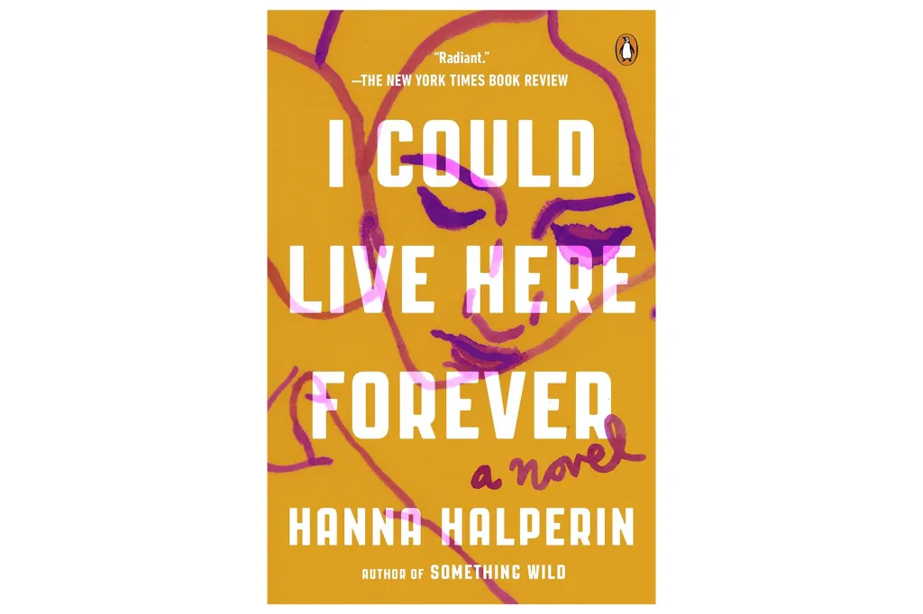 Illustration of a book cover for "I Could Live Here Forever" by Hanna Halperin, featuring abstract purple lines on a gold background.