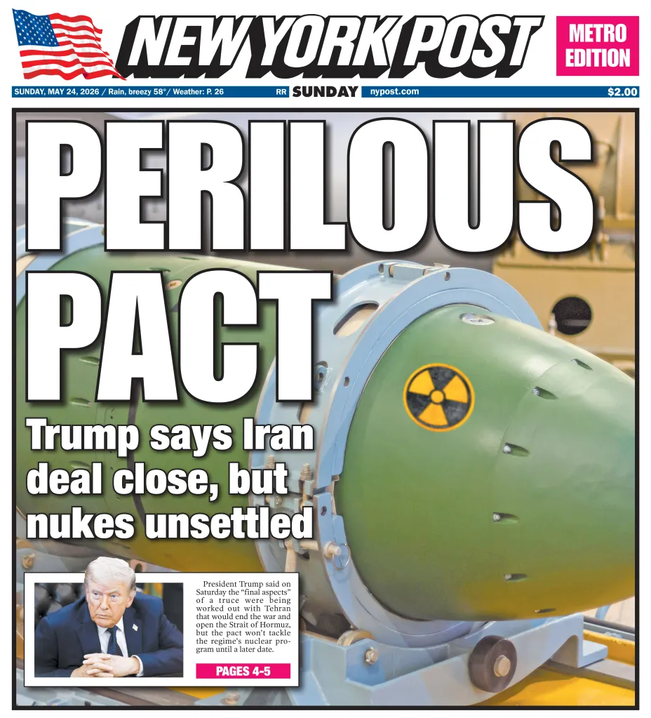 New York Post front page with headline "PERILOUS PACT" over a nuclear bomb, reporting on a potential Iran deal that leaves nukes unsettled, with an inset photo of Donald Trump.