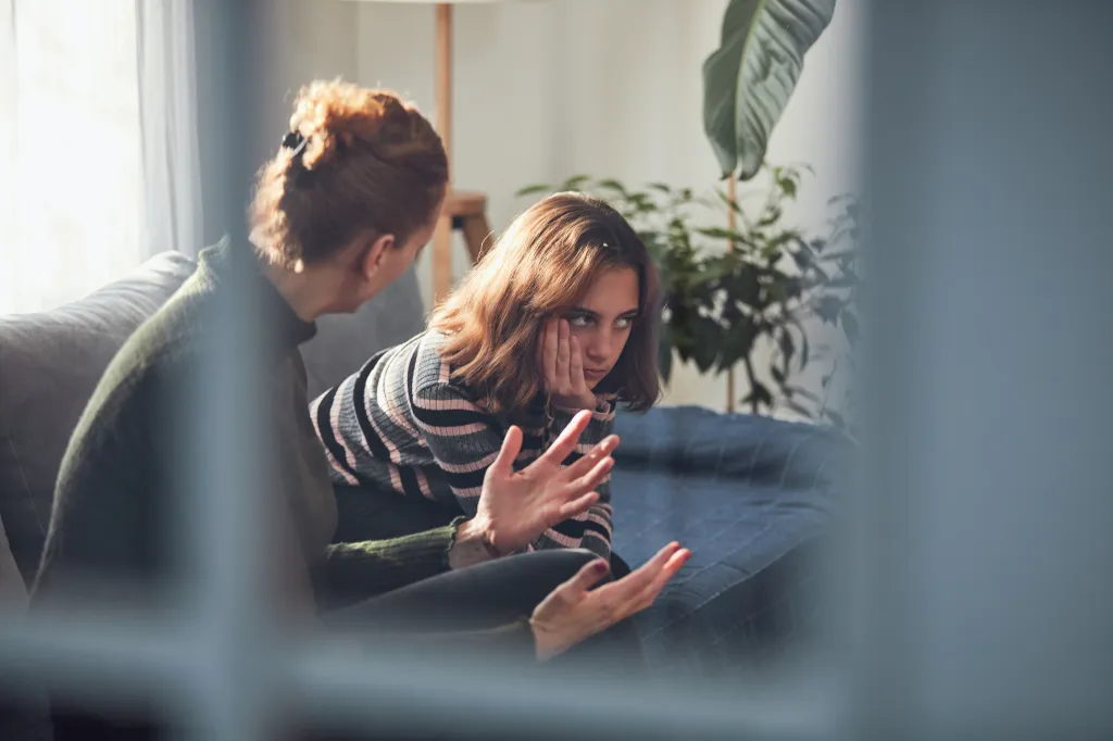 Mother arguing with her angry teenage daughter.