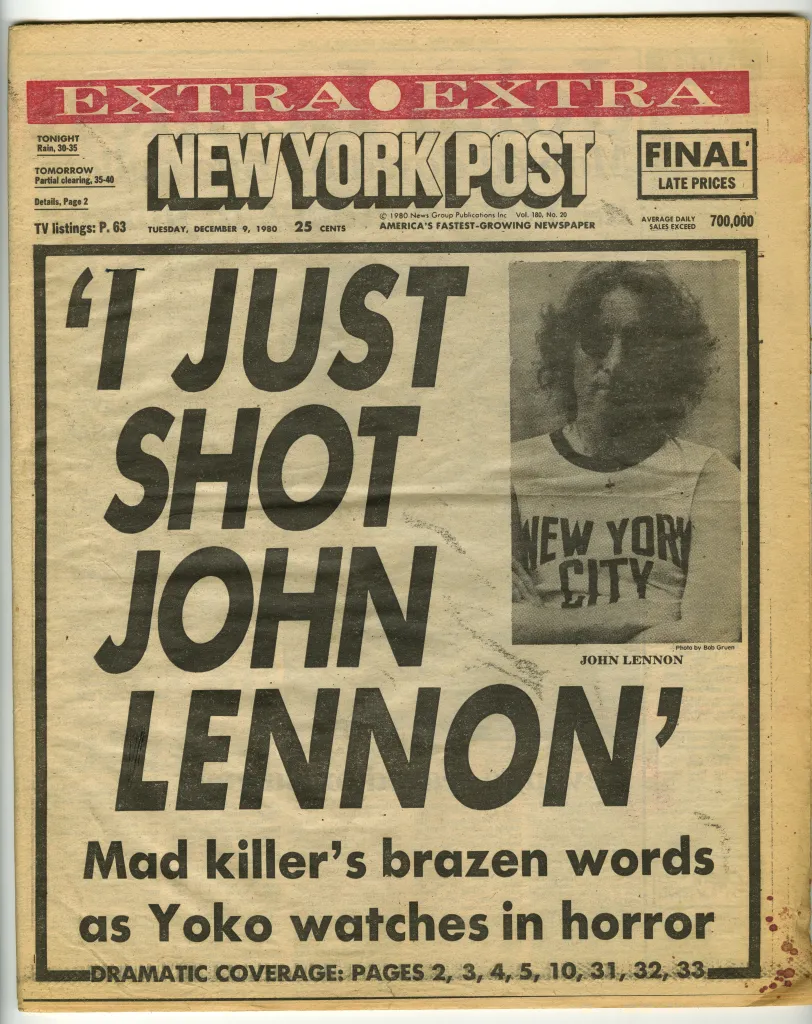 Front page of the New York Post with the headline "I JUST SHOT JOHN LENNON" and a photo of John Lennon.
