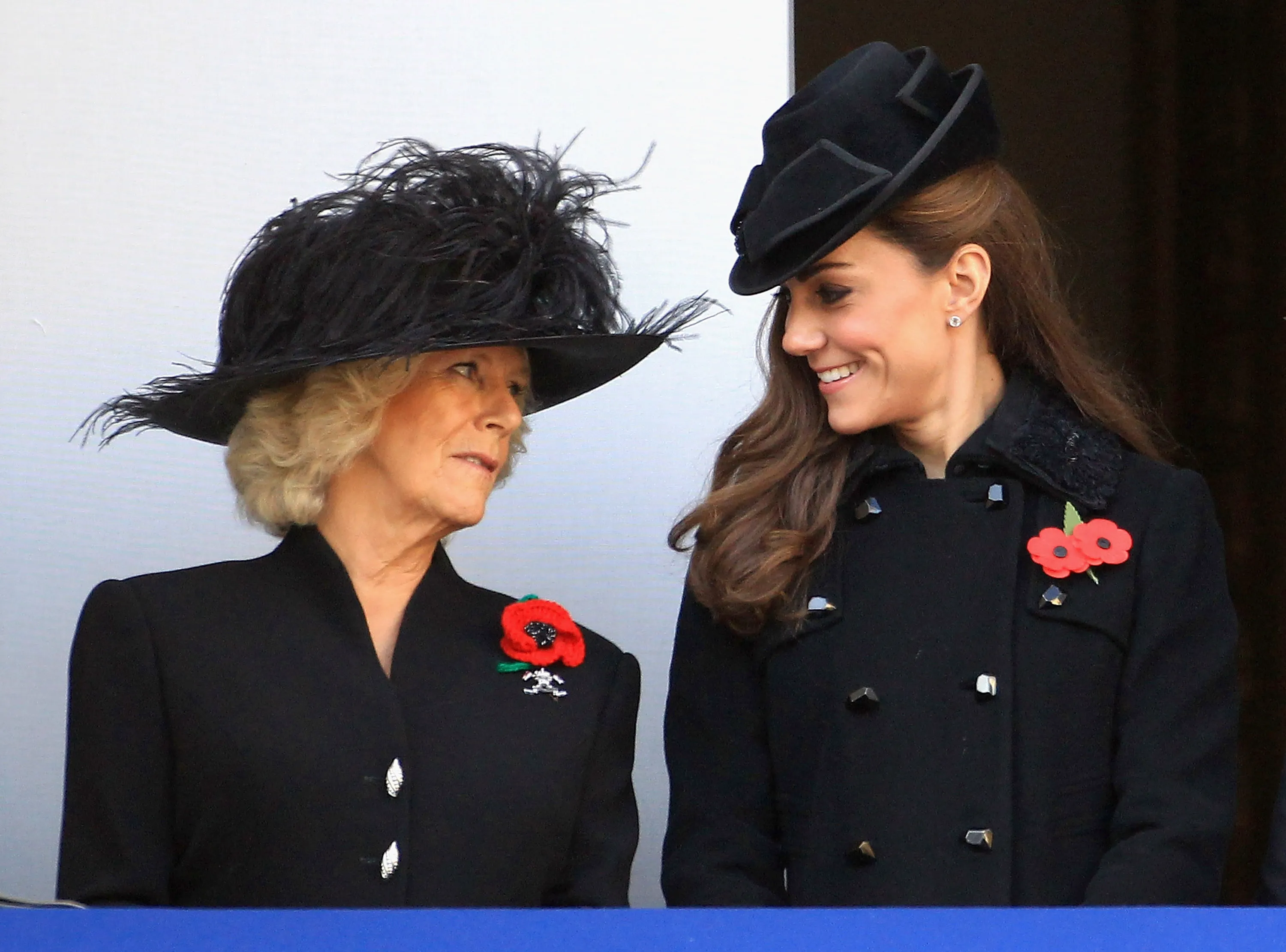 Catherine, Duchess of Cambridge and Camilla, Duchess of Cornwall smile during a Remembrance Day Ceremony.