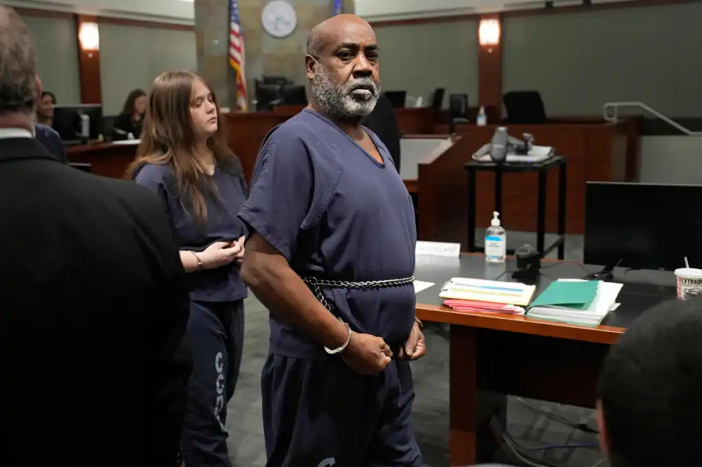 Duane "Keefe D" Davis in handcuffs and shackles during his arraignment.