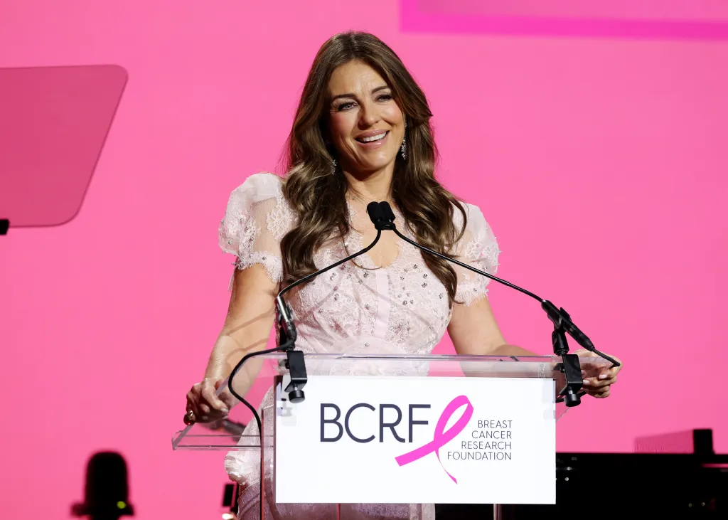 Elizabeth Hurley speaking at a Breast Cancer Research Foundation event.