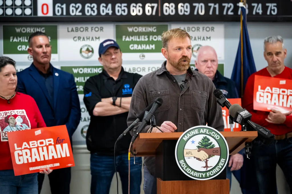 Graham Platner speaks at a campaign event for the Maine AFL-CIO.