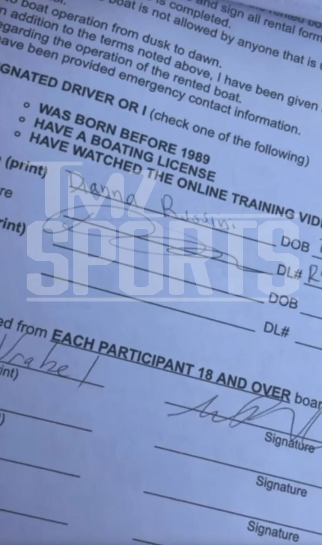 Dianna Russini's and Mike Vrabel's signatures on a boat rental form.