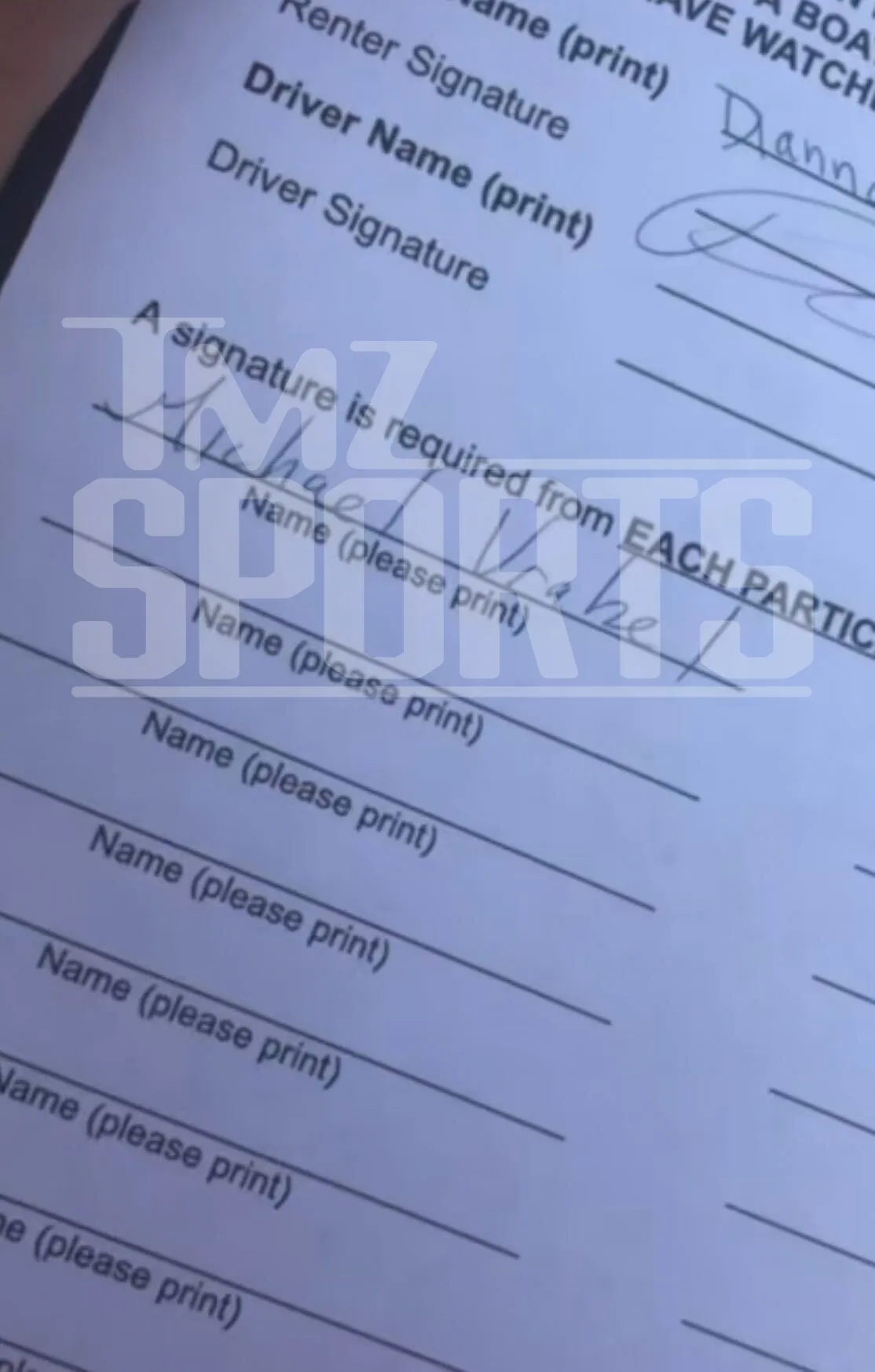 A white document showing the names "Dianna" and "Michael Vrabel" handwritten on lines for renter and driver signatures.
