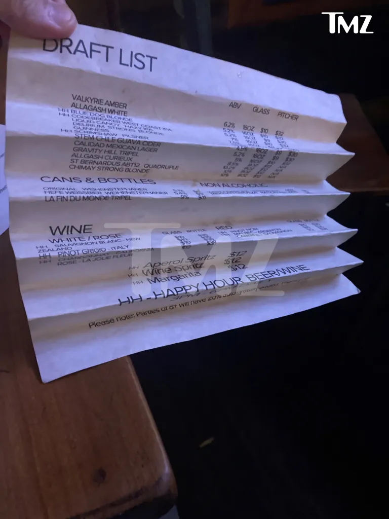 A handwritten draft list menu for a restaurant or bar.
