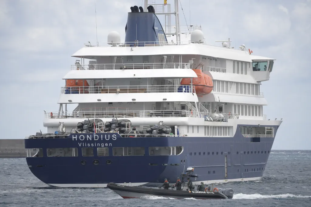 A Guardia Civil boat escorting the cruise ship Hondius.