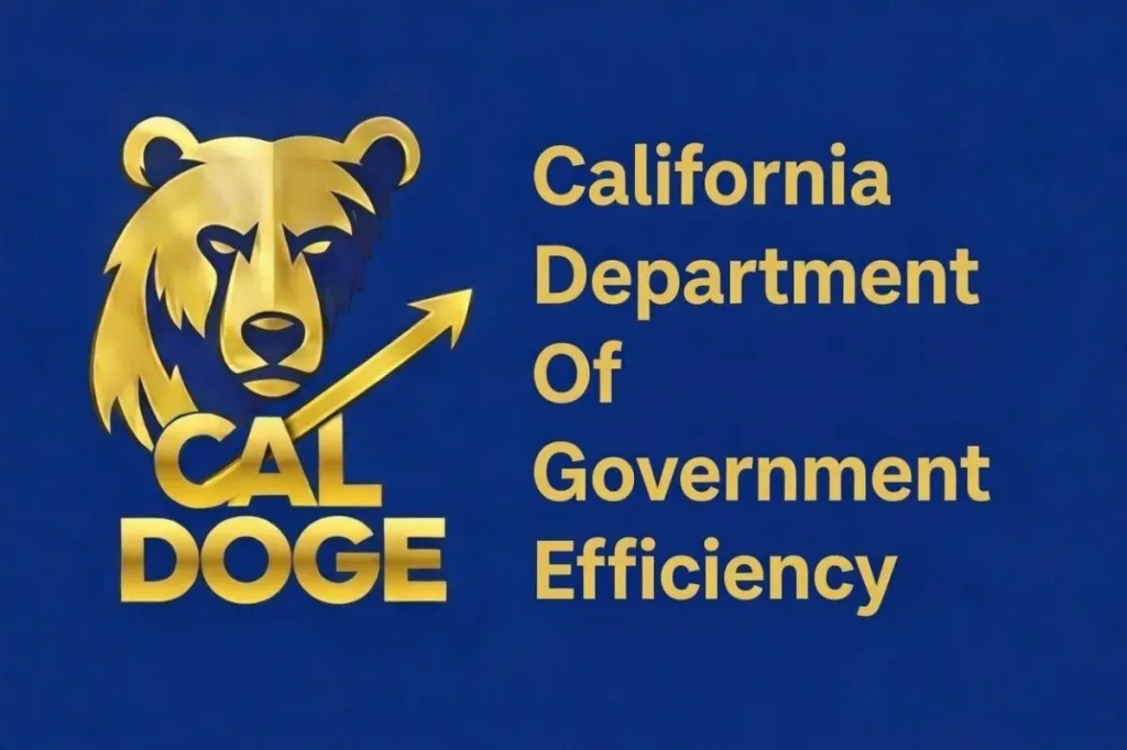 Illustration of the gold "CAL DOGE" logo, a bear with an upward arrow, next to the words "California Department Of Government Efficiency" on a blue background.