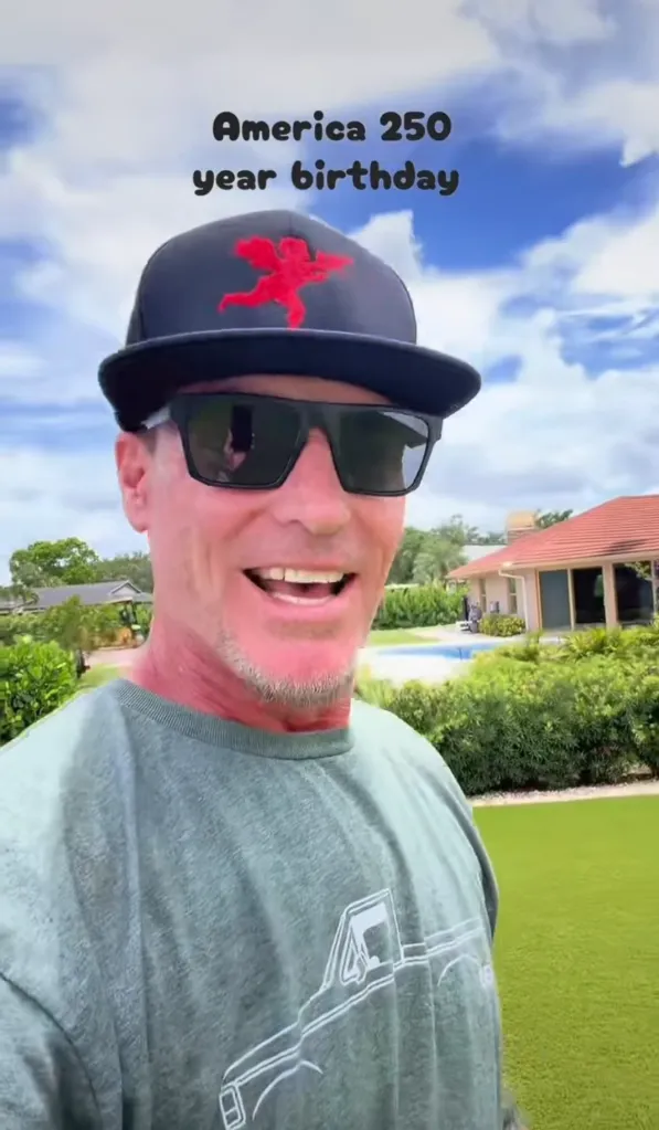 Vanilla Ice in a black cap and sunglasses, smiling for a selfie video with "America 250 year birthday" text in the sky.
