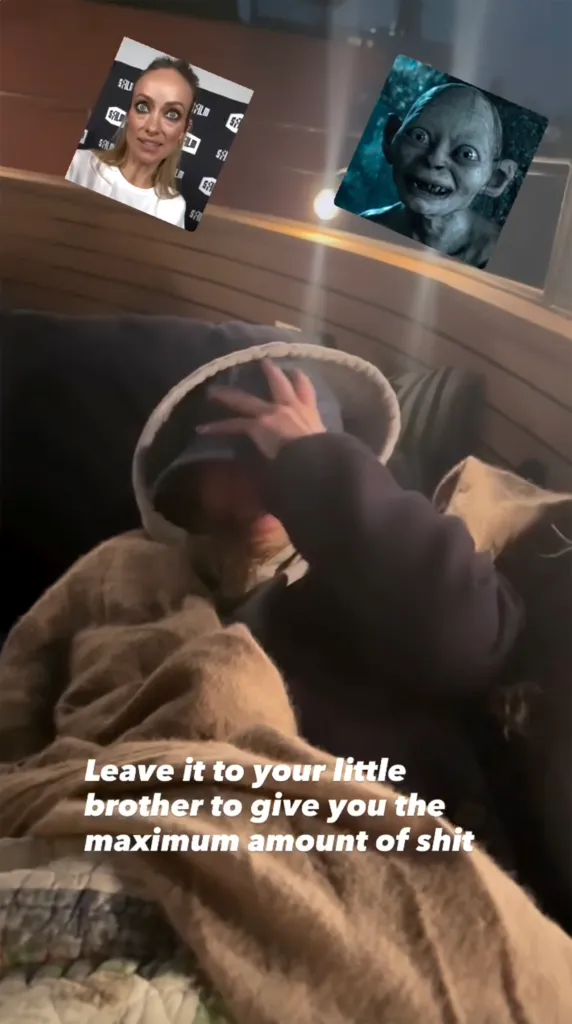 A person covering their face, with images of Olivia Wilde and Gollum above, and text reading "Leave it to your little brother to give you the maximum amount of shit."