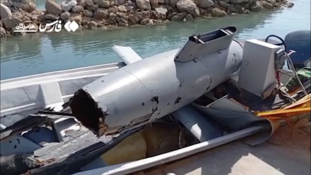 Wreckage of a drone in a boat.