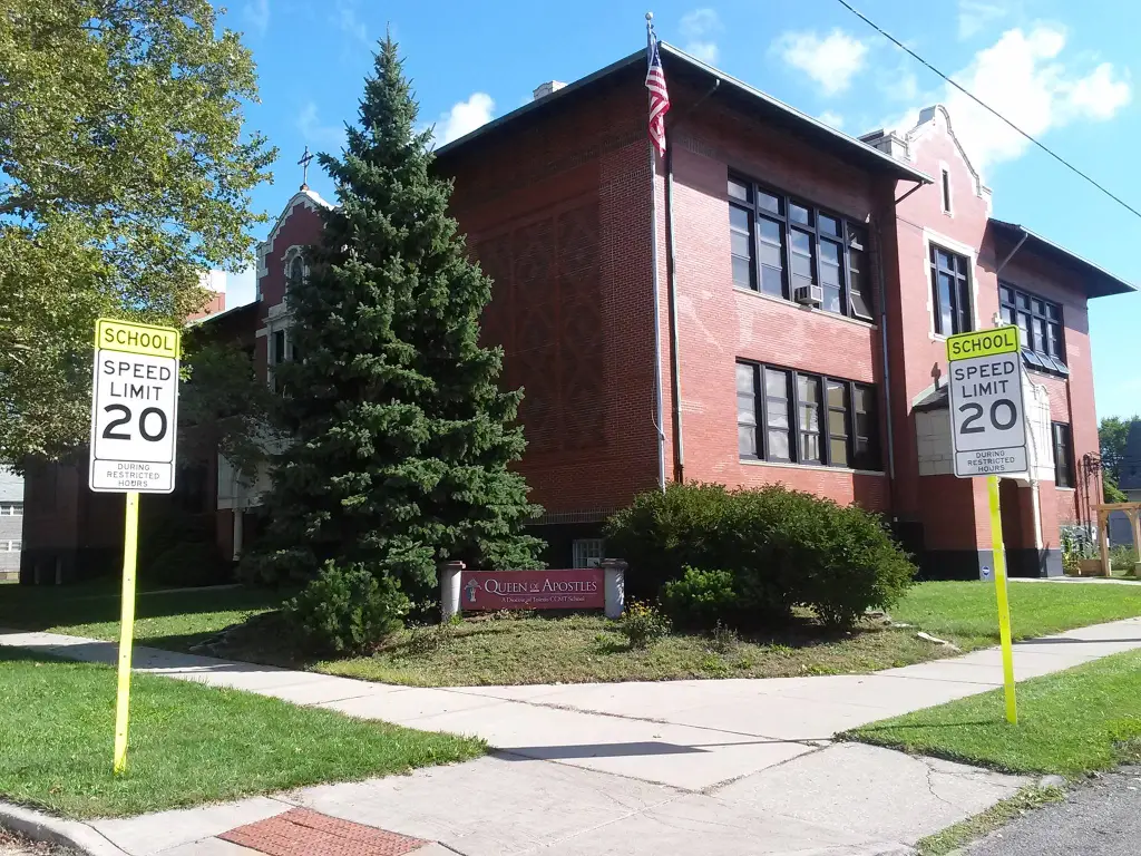 The brick building of Queen of Apostles School with "SCHOOL SPEED LIMIT 20" signs on either side.