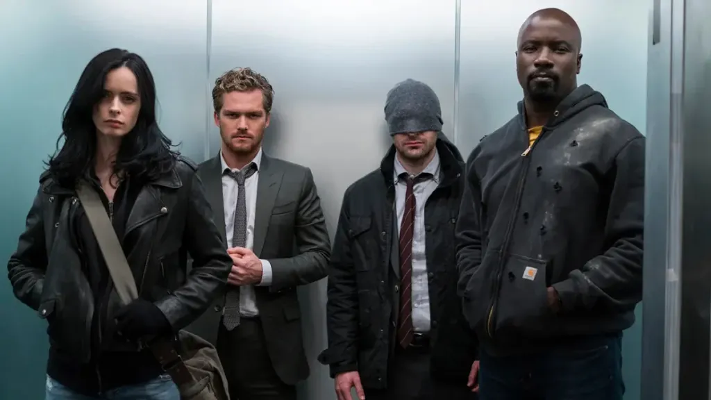 Jessica Jones (Kristen Ritter), Iron Fist (Finn Jones), Daredevil (Charlie Cox) and Luke Cage (MIke Colter) in