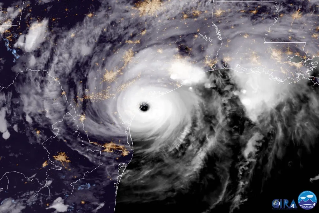 Satellite view of Hurricane Harvey approaching the Texas coast at night.