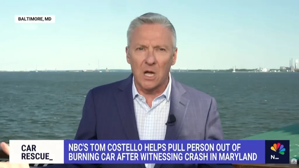 News anchor Tom Costello on air with the headline, 