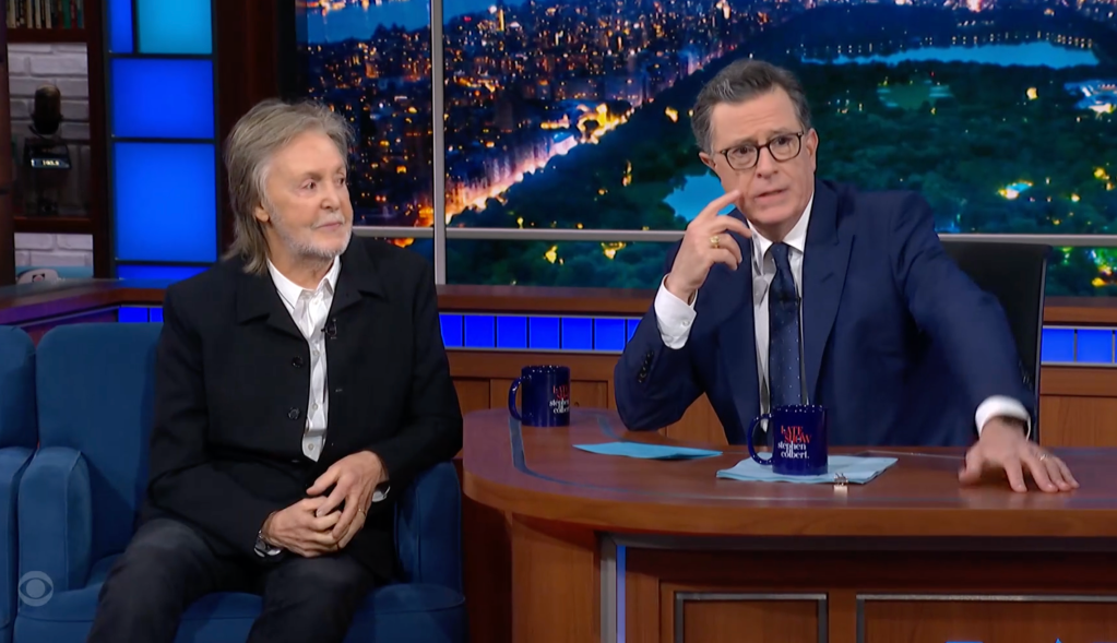 Paul McCartney and Stephen Colbert on "The Late Show with Stephen Colbert."