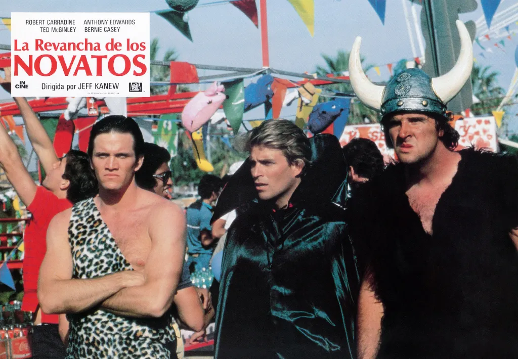Matt Salinger as a caveman, Ted McGinley as a vampire, and Donald Gibb as a viking from "Revenge of the Nerds."
