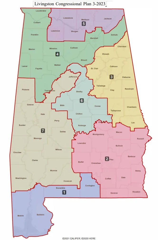 Map of Alabama showing the Livingston Congressional Plan 3-2023, outlining 7 congressional districts.
