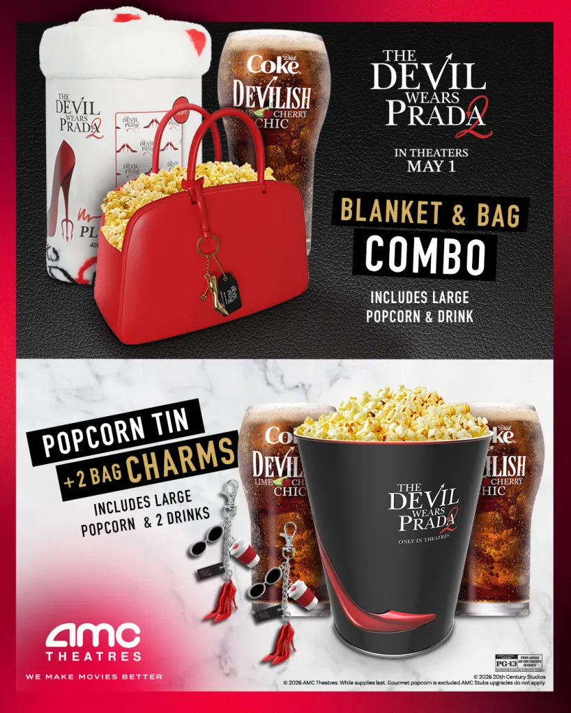 Collage of two "The Devil Wears Prada" themed popcorn combos, including a purse-shaped popcorn bucket, a blanket, popcorn tin, and drink cups with bag charms.
