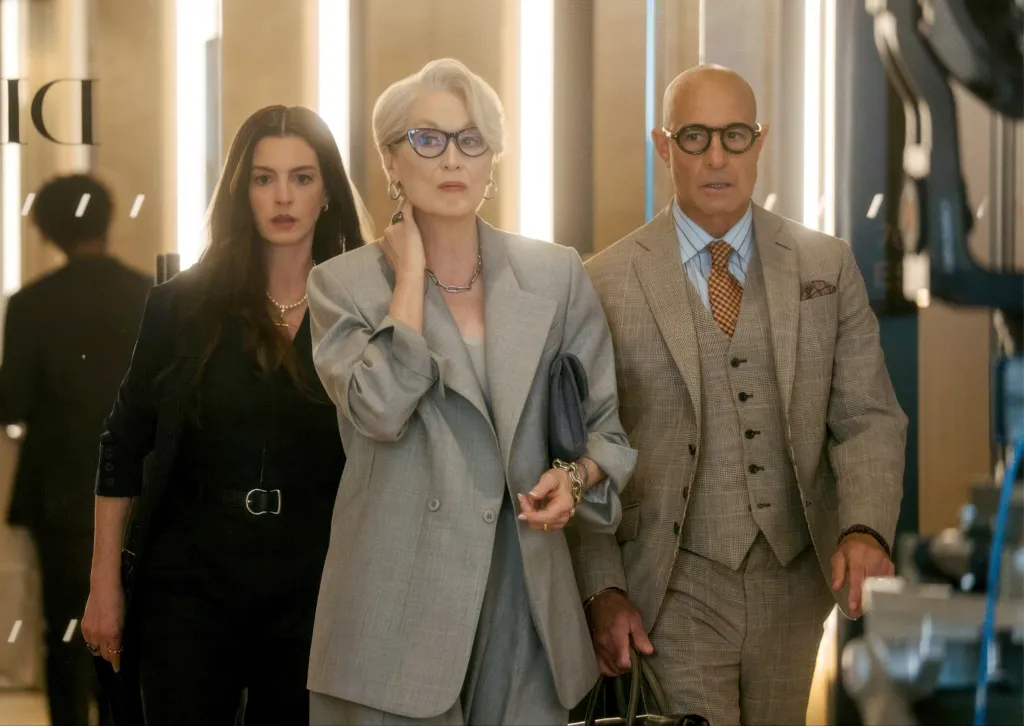 From left, Anne Hathaway, Meryl Streep, and Stanley Tucci as their characters in "The Devil Wears Prada 2."