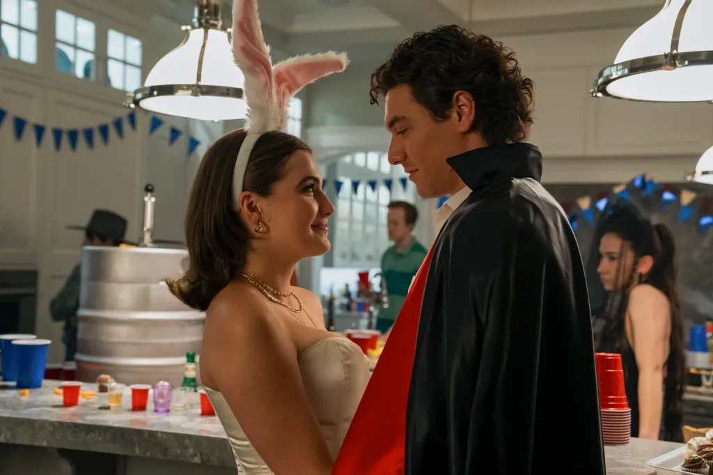 Hannah Wells and Garrett Graham at a party, in their costumes.