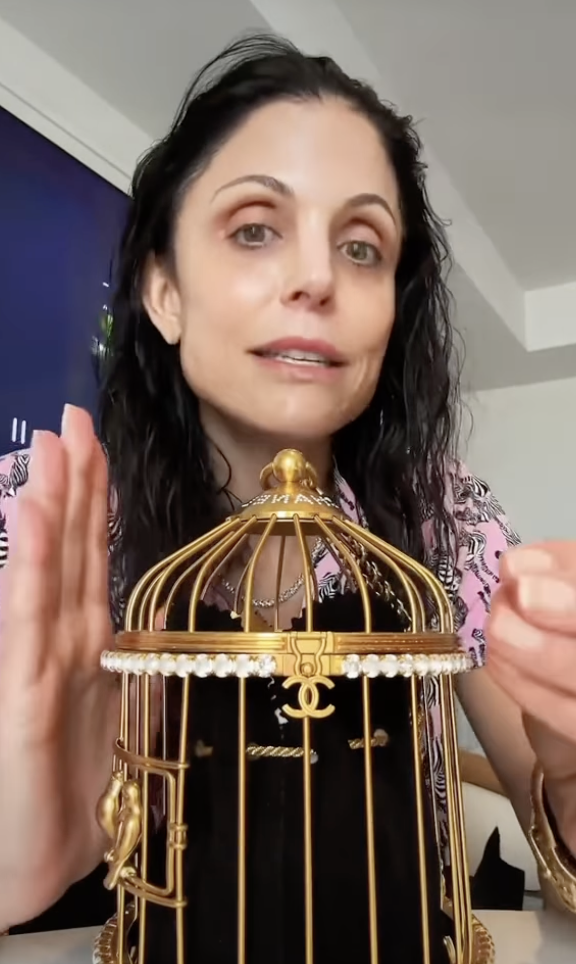 Bethenny Frankel showing off a gold Chanel birdcage bag.