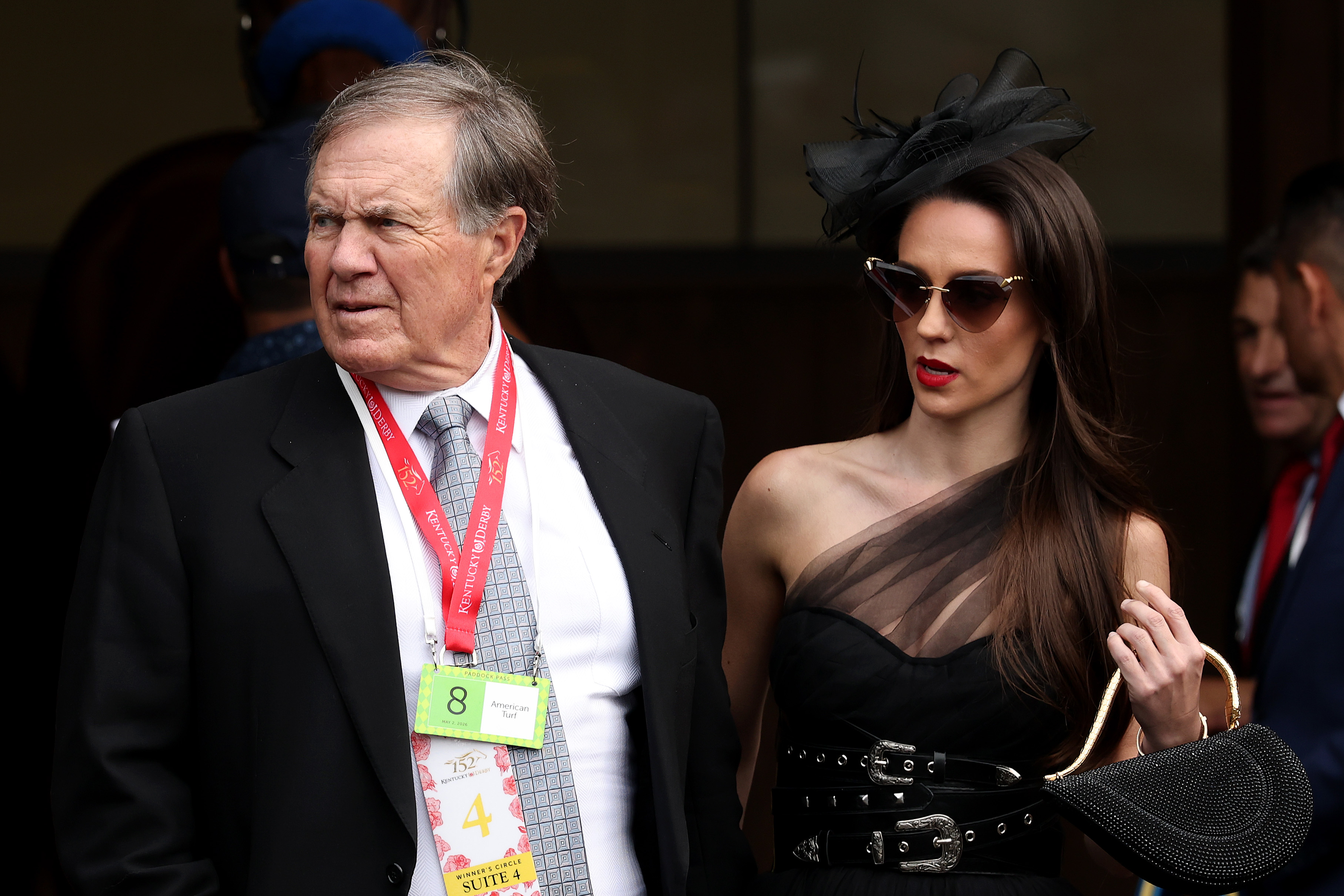 Bill Belichick and Jordon Hudson is seen in the paddock prior to the 152nd running of the Kentucky Derby at Churchill Downs on May 02, 2026 in Louisville, Kentucky.