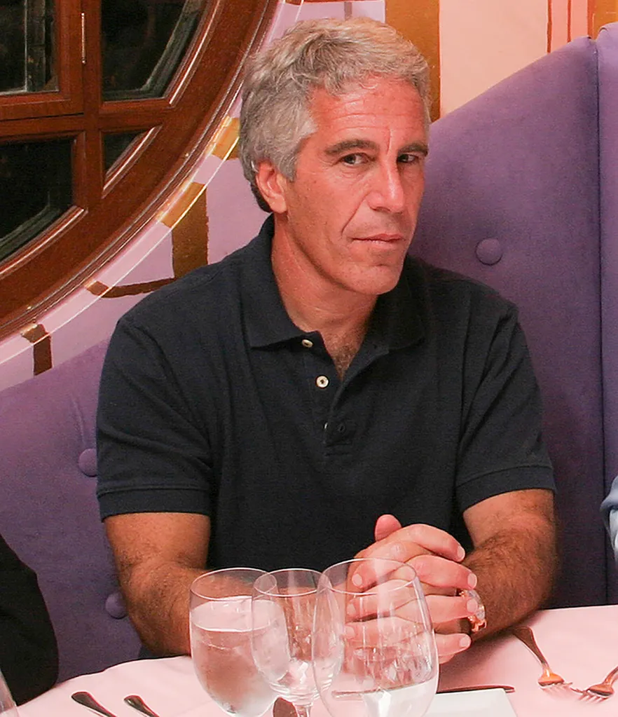 Jeffrey Epstein in a black polo shirt, sitting at a table with drinks in Cambridge, Massachusetts.