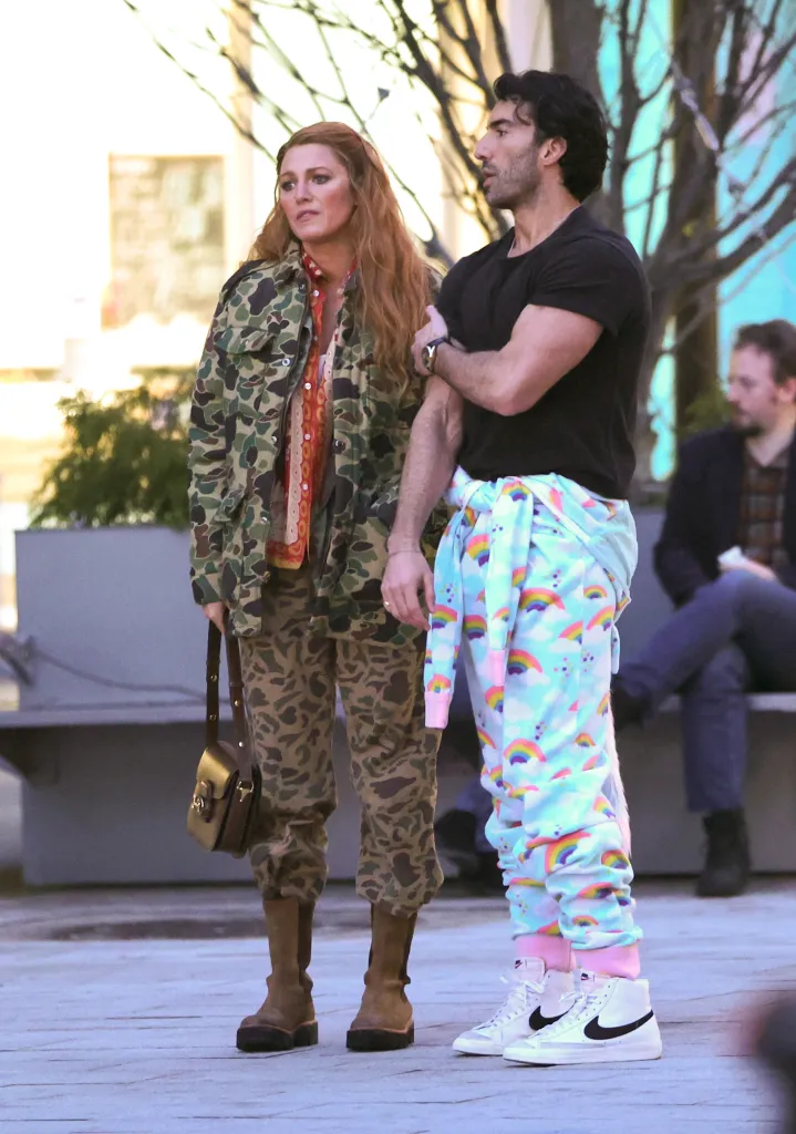 Blake Lively in a camouflage outfit and Justin Baldoni in rainbow-patterned sweatpants on the set of "It Ends With Us".