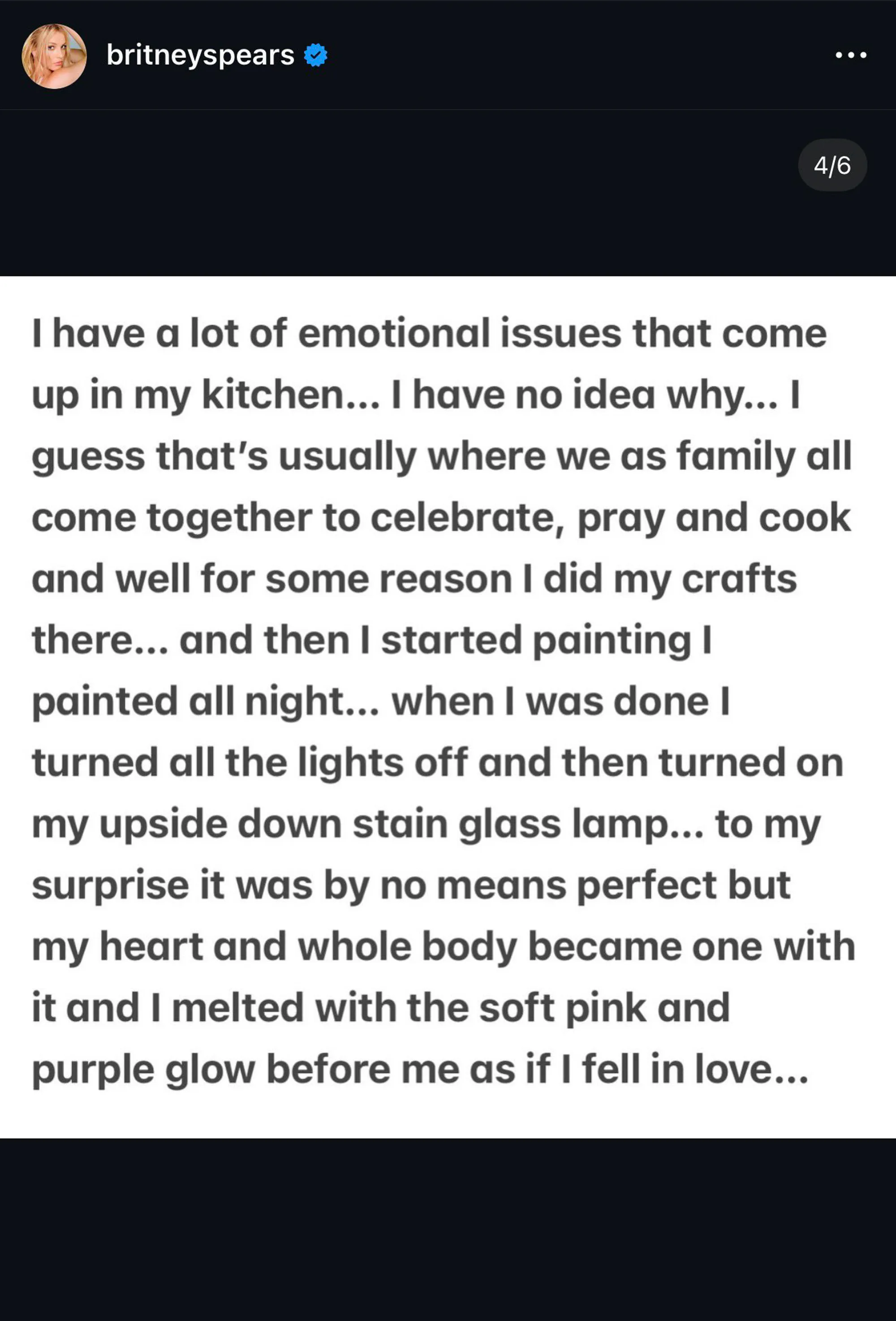 Britney Spears shares a personal message about her "emotional issues" in the kitchen and finding solace in painting and the glow of a stained glass lamp.