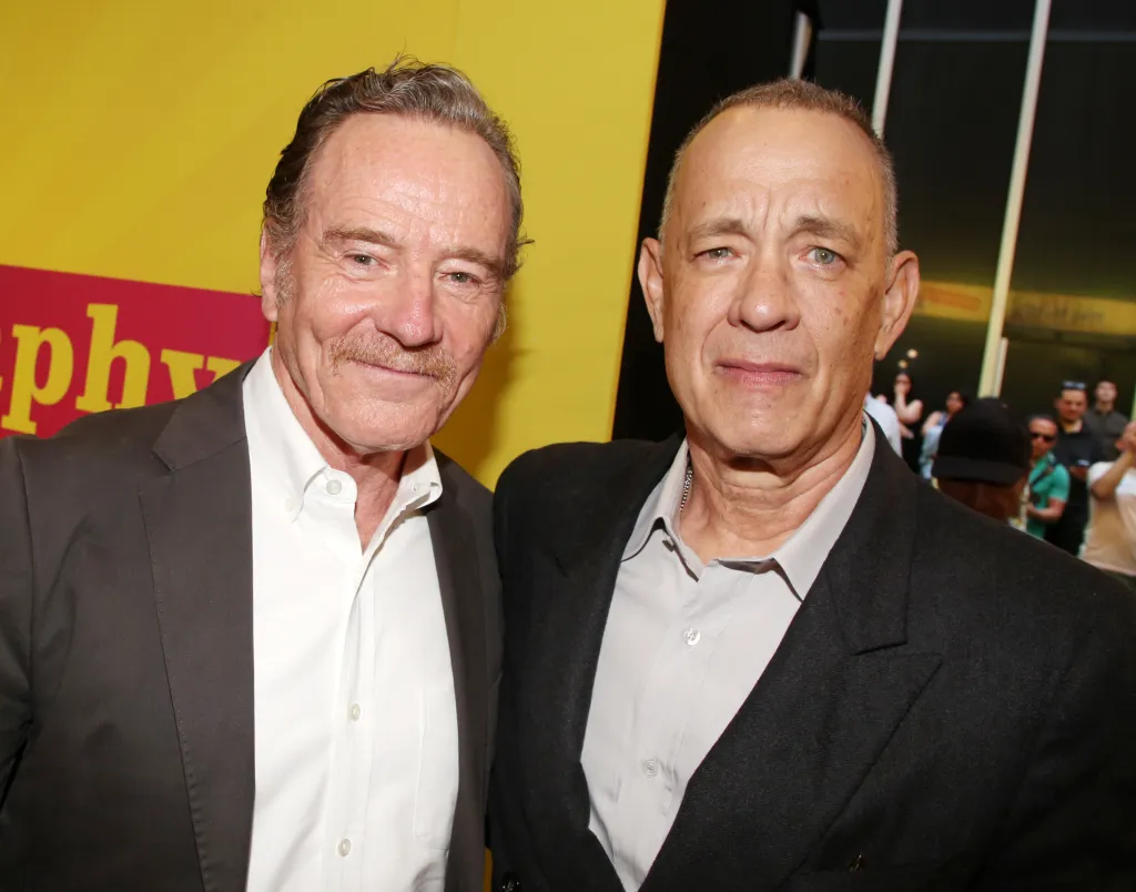 Bryan Cranston and Tom Hanks pose at the opening night of "Celebrity Autobiography" on Broadway.