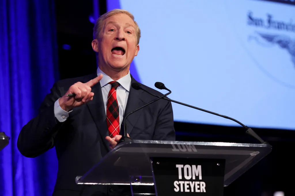 Candidate Tom Steyer speaking at a debate for governor of California.