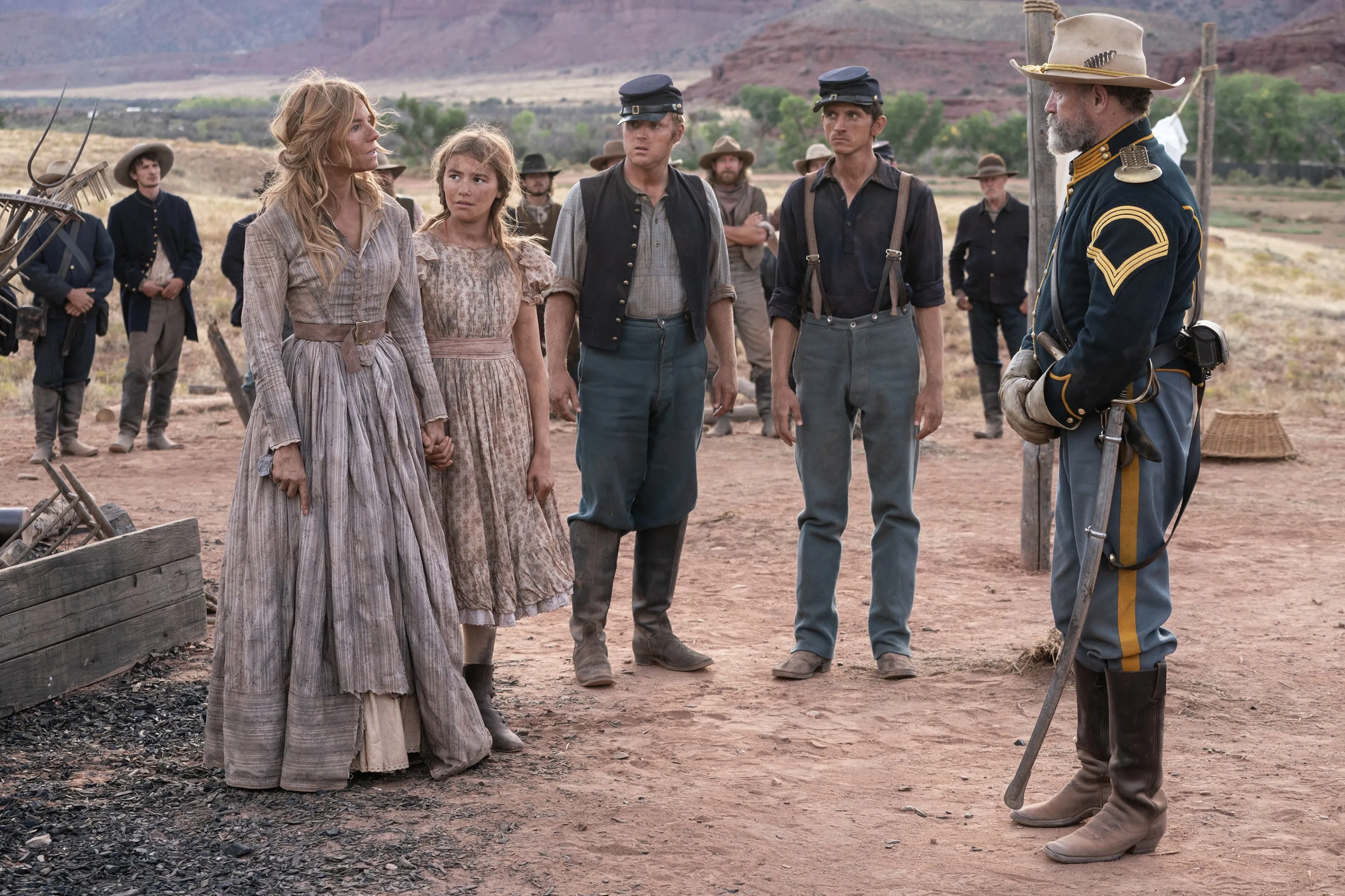 HORIZON: AN AMERICAN SAGA - CHAPTER 1, front, from left: Sienna Miller, Georgia MacPhail, Michael Rooker, 2024. ph: Richard Foreman /© Warner Bros. /Courtesy Everett Collection
