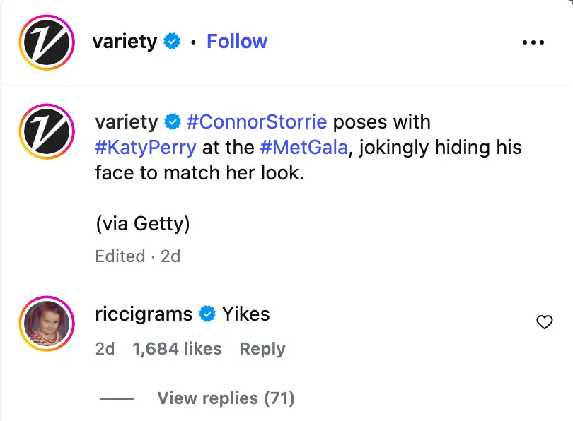 An Instagram post by Variety reporting on Connor Storrie and Katy Perry at the Met Gala, with a comment from Christina Ricci that says "Yikes".