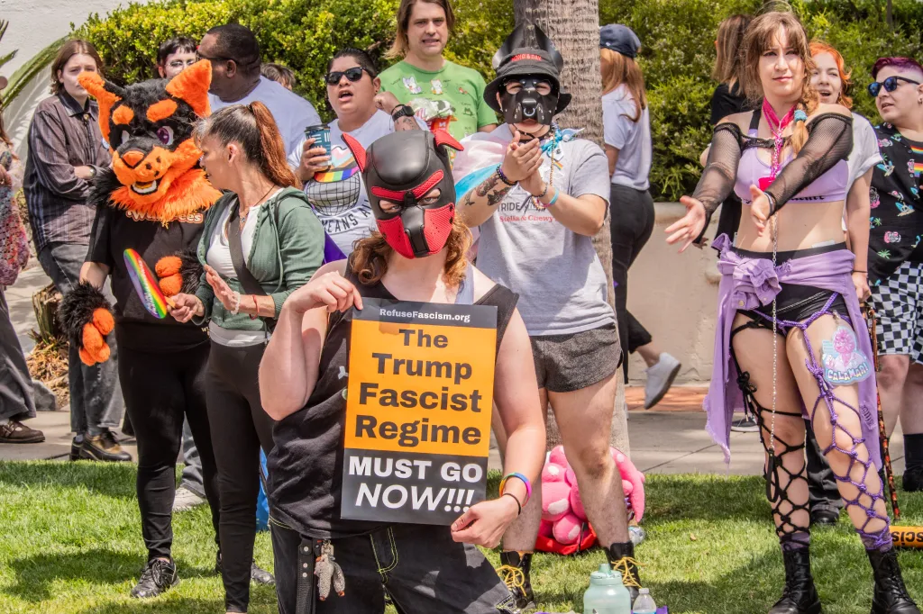 A person in a black and red pup hood holds a sign that reads "The Trump Fascist Regime MUST GO NOW!!!".