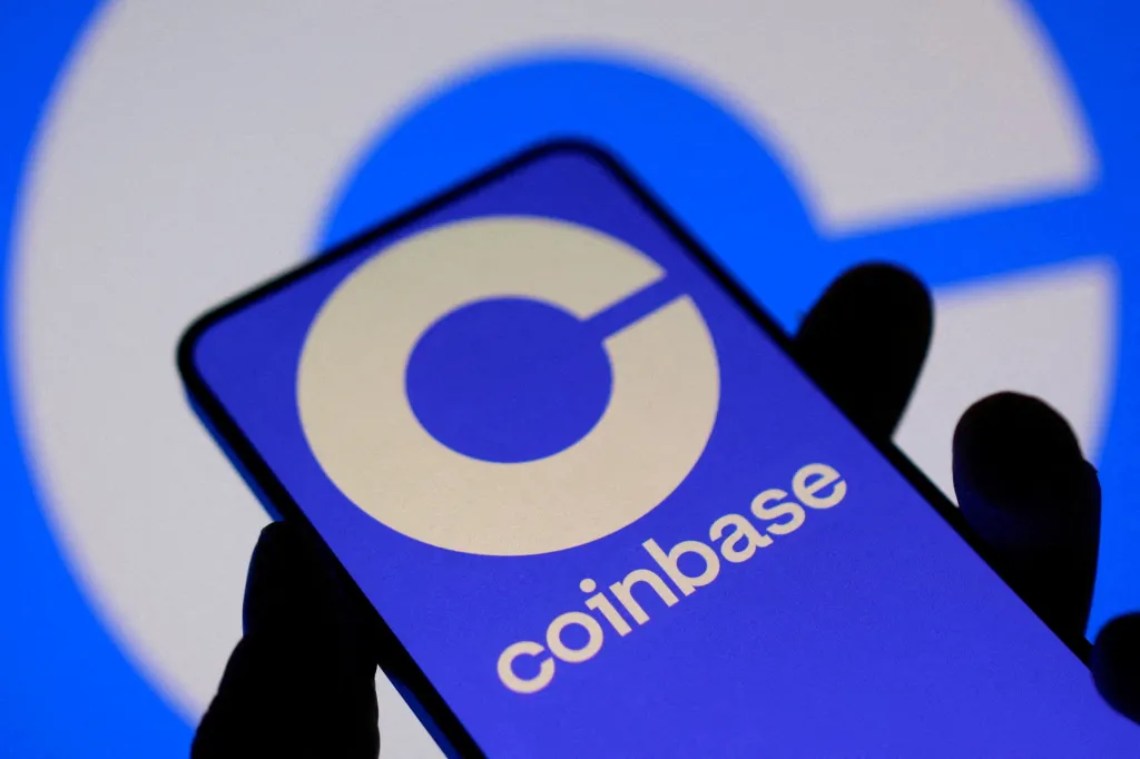 Illustration of the Coinbase logo on a smartphone screen.