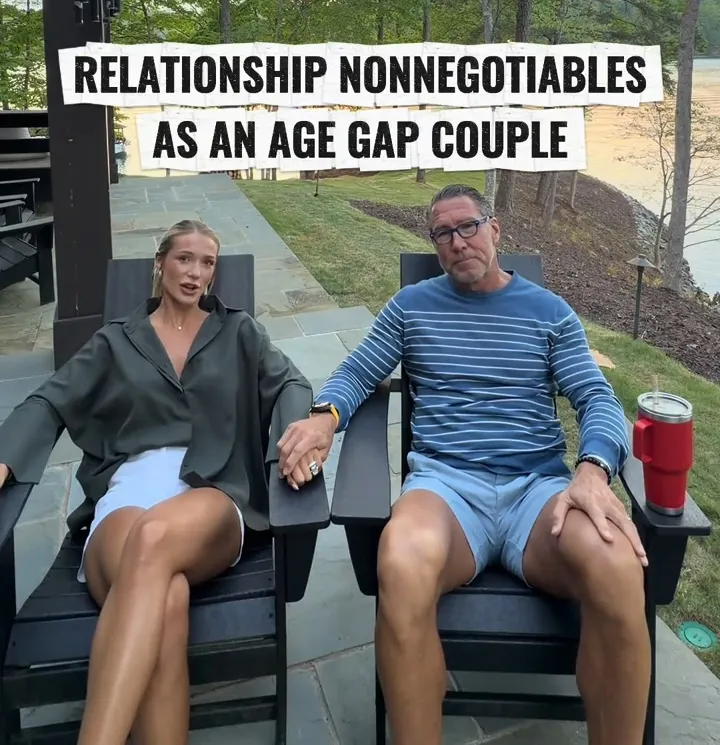 A couple with a 34-year age gap sitting together, holding hands, with text overhead reading "RELATIONSHIP NONNEGOTIABLES AS AN AGE GAP COUPLE."