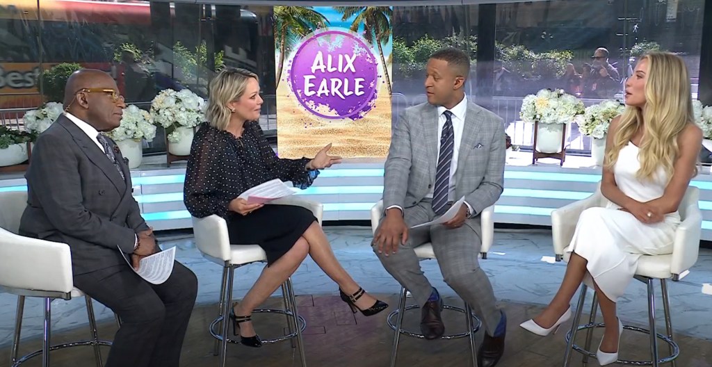 Craig Melvin, Alix Earle, and two other hosts on a talk show set.