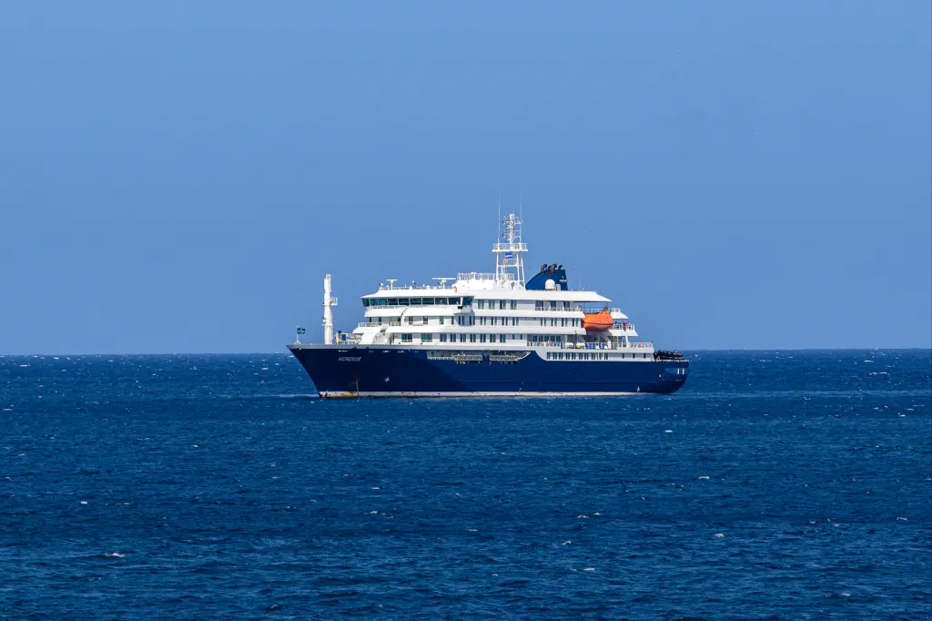 A general view of the cruise ship MV Hondius stationary off the port of Praia, the capital of Cape Verde, on May 3, 2026. An outbreak of