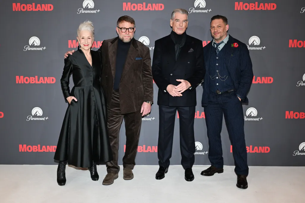 Dame Helen Mirren, Guy Ritchie, Pierce Brosnan and Tom Hardy attend the Global Premiere of "MobLand".
