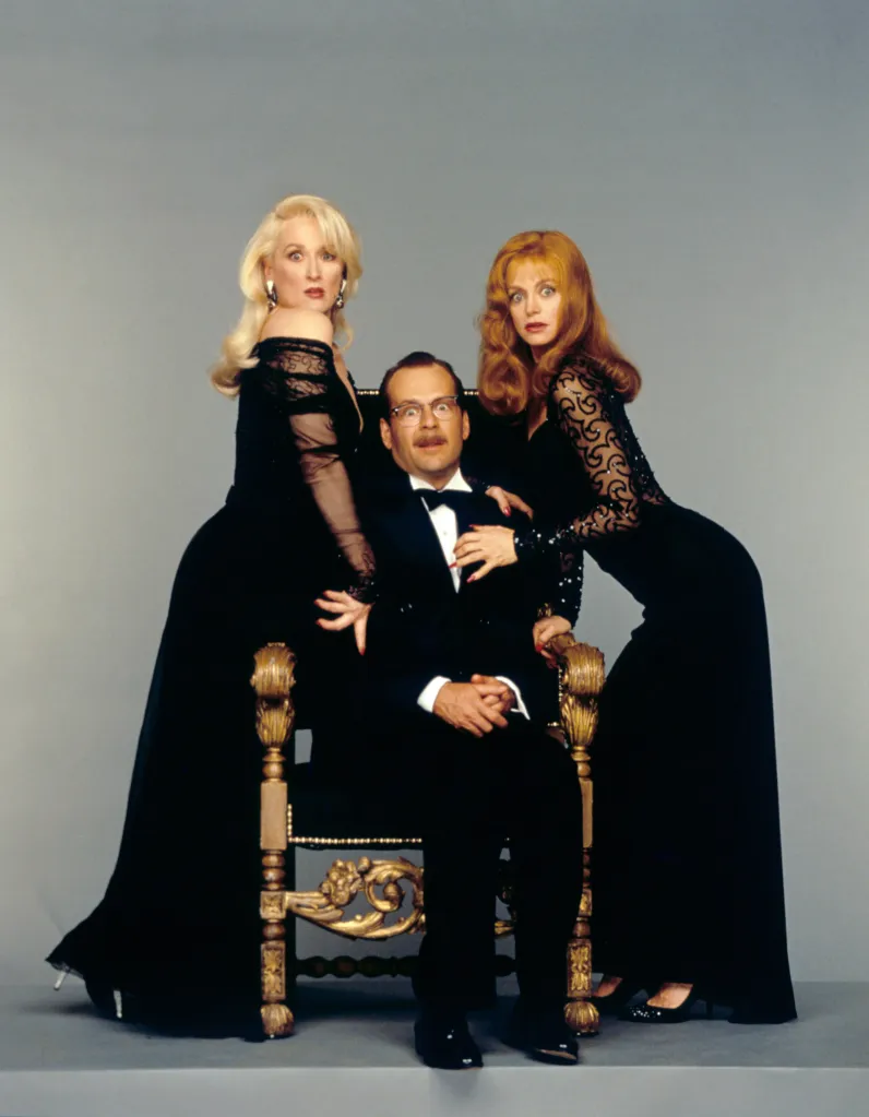 Meryl Streep, Bruce Willis, and Goldie Hawn in character for Death Becomes Her.