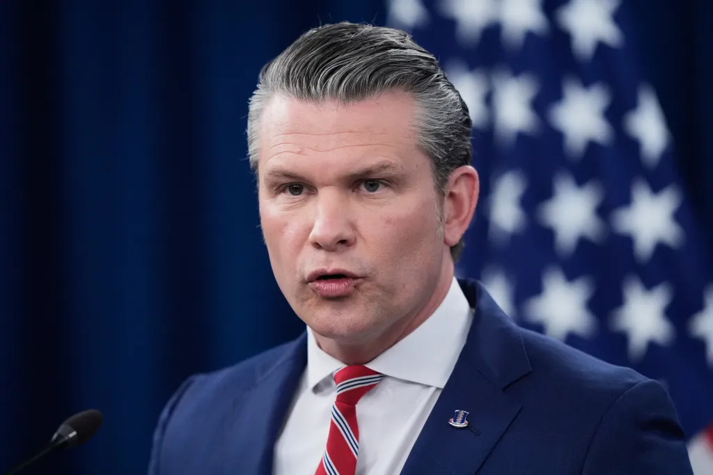 Defense Secretary Pete Hegseth speaks during a press briefing.
