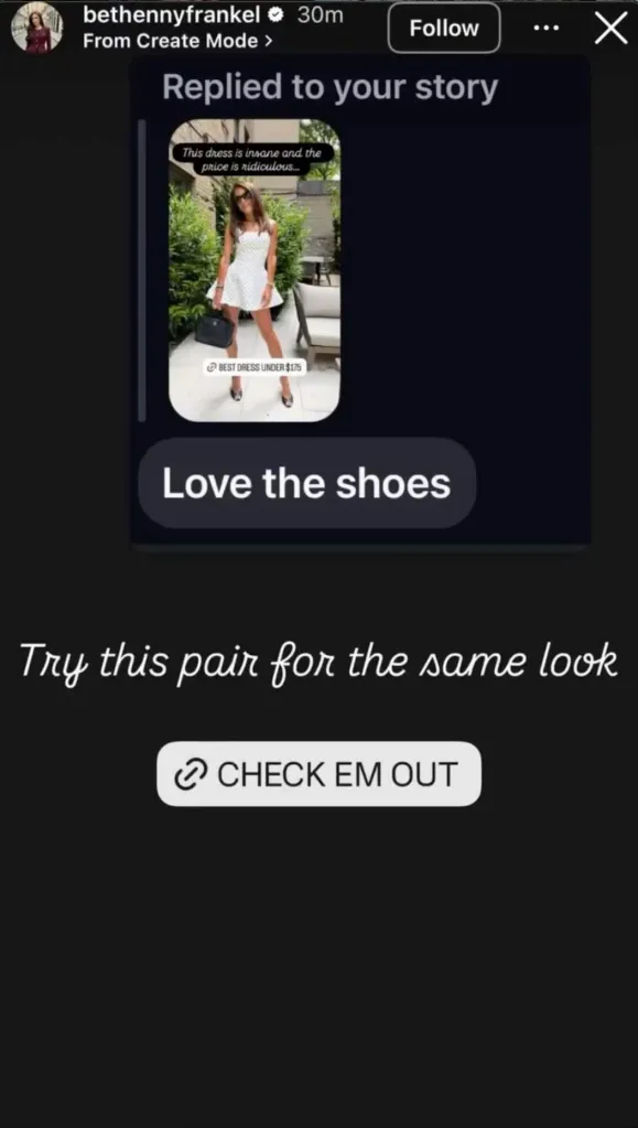 A social media story by "bethennyfrankel" showing a woman in a white dress and black high heels, with a text overlay about loving the shoes and inviting users to "Check Em Out" for the same look.