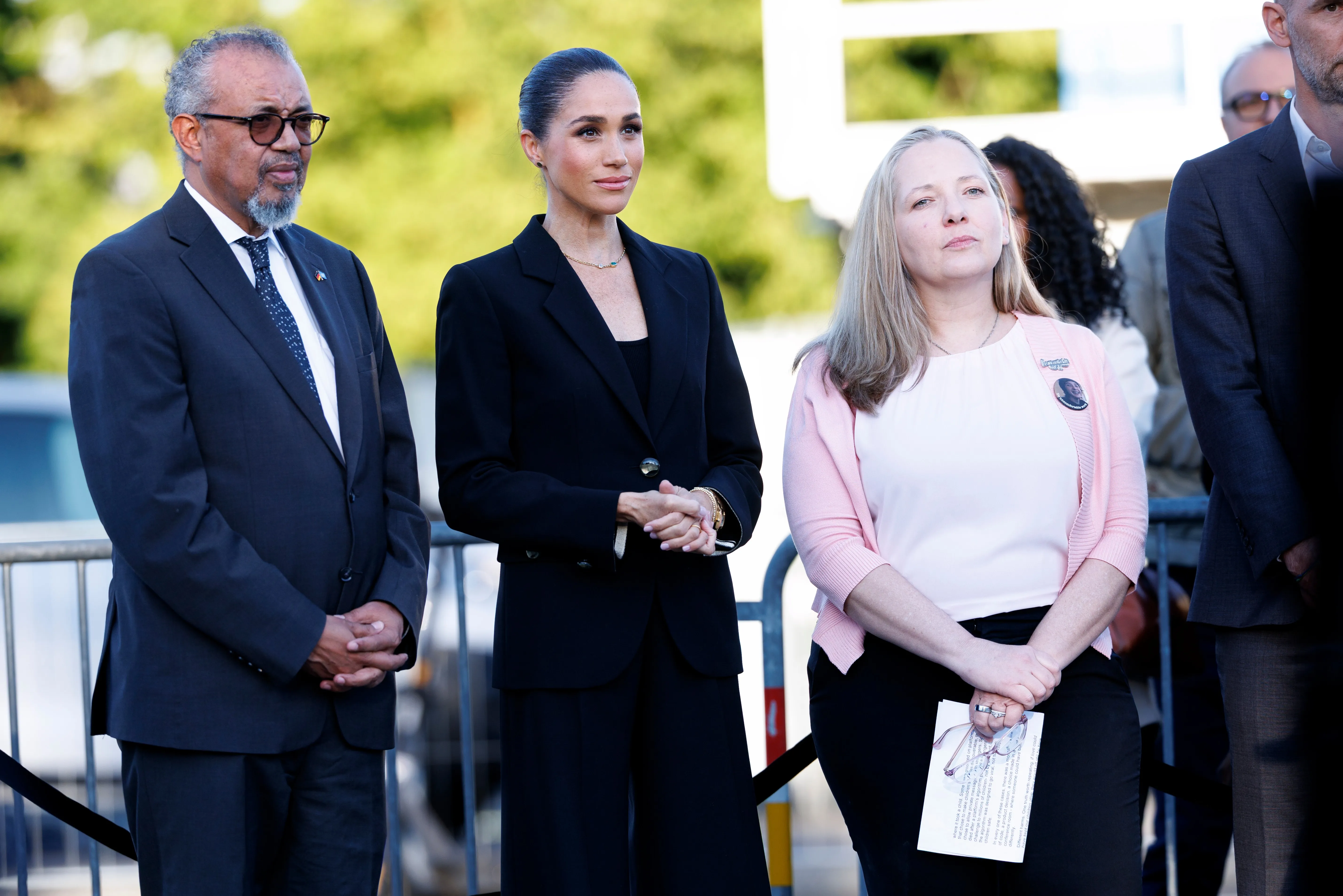 Tedros Adhanom Ghebreyesus, Meghan, Duchess of Sussex, and Amy Neville attending "The Lost Screen Memorial" exhibition in Geneva.